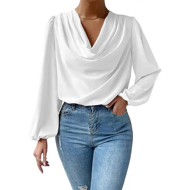 Long Sleeved Shirt Loose Draped V neck Top T shirt Women Clothing  S White 