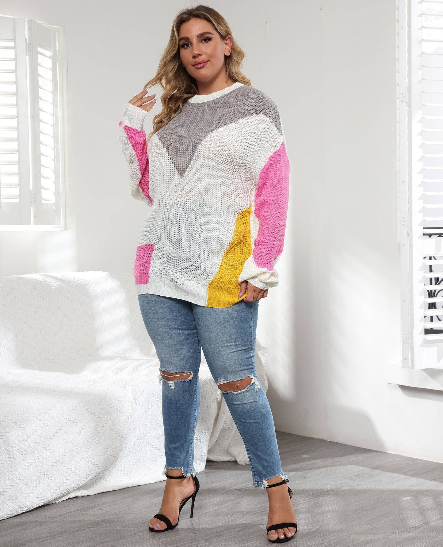 Plus Size Women Clothes Color Contrast Patchwork Loose Casual Pullover Sweater - Wild Amber Fashion