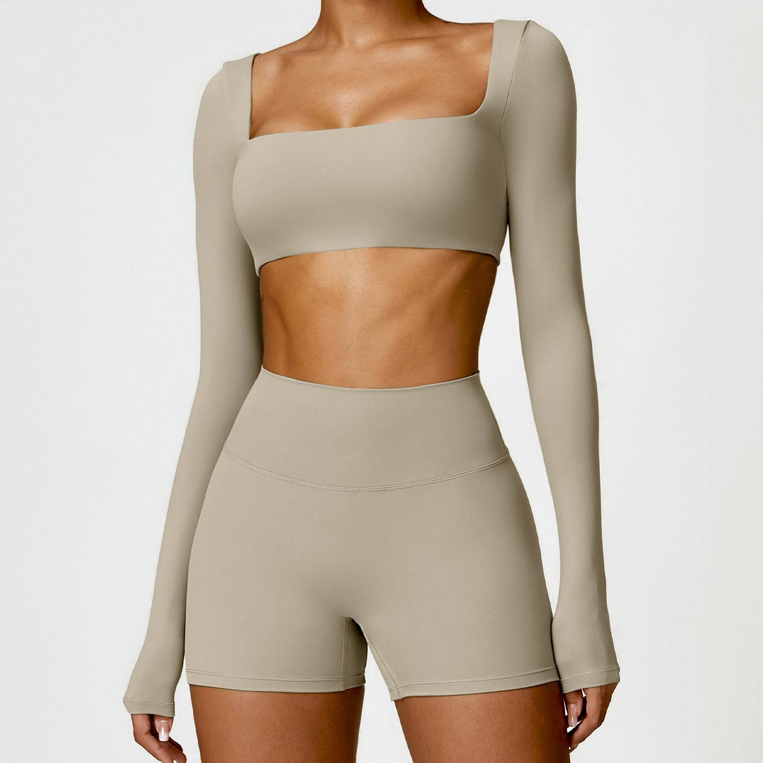 Winter Brushed Nylon Long Sleeve Crop Top  S Camel Brown 