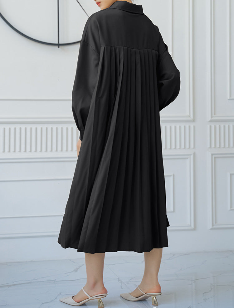 Spring Autumn Loose Overknee Dress Women Casual Large Version Back Pleated Long Shirt Dress - Wild Amber Fashion