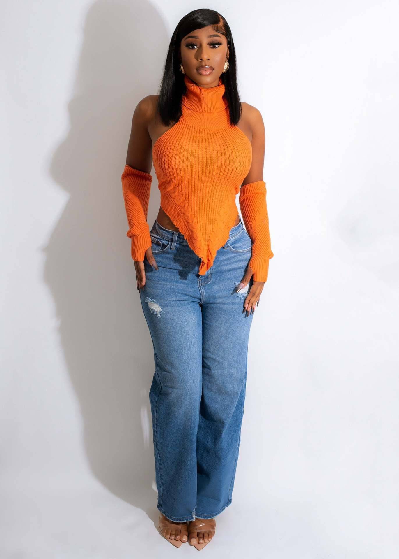 Hand Crochet Turtleneck Irregular Asymmetric Top for Autumn/Winter  S Orange-6 