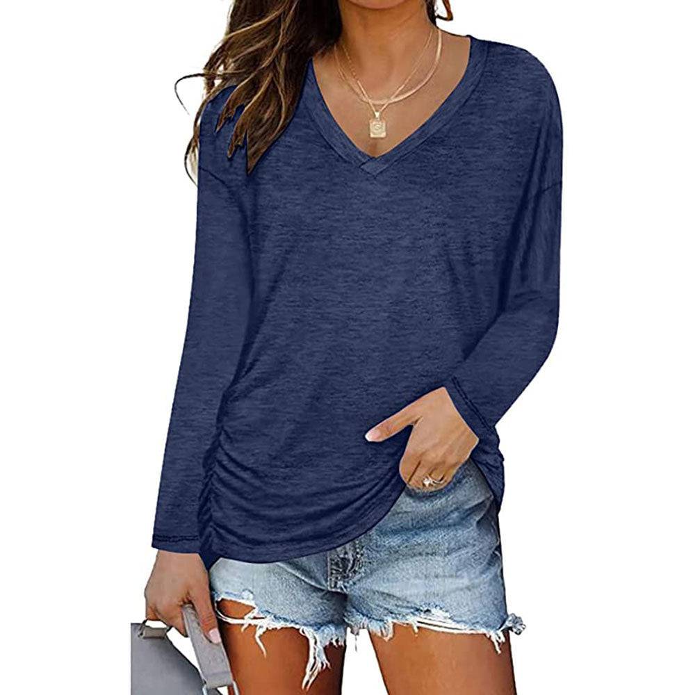 Elegant V-Neck Long-Sleeved T-Shirt with Pleating  S Navy Blue 