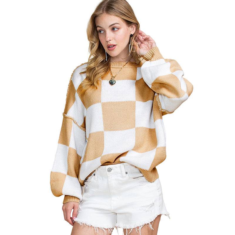 Cozy Plaid Print Crew Neck Sweater for Women  S Khaki 