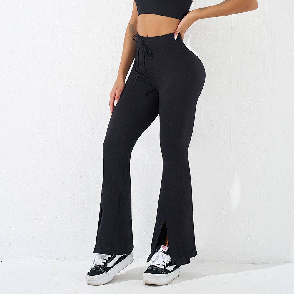 Sexy High Waist Drawstring Sports Yoga Pants with Slit Bell Bottom  S Black 