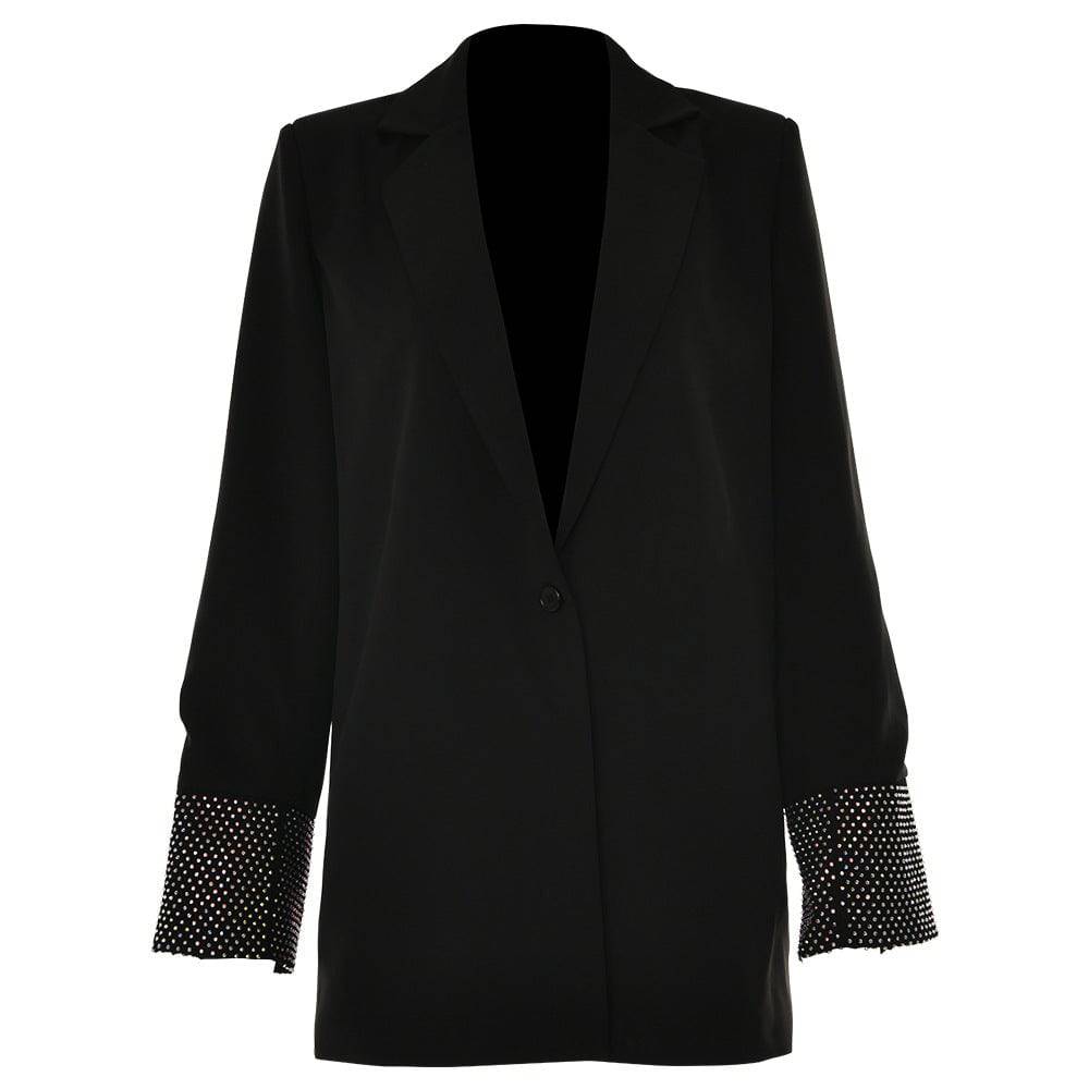 Spring Net Drill Women's Long Sleeve Collared Button Blazer  S Black 