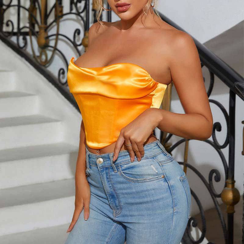 Seductive Summer Pile Collar Chest-Wrapped Crop Top Corset  S Orange 