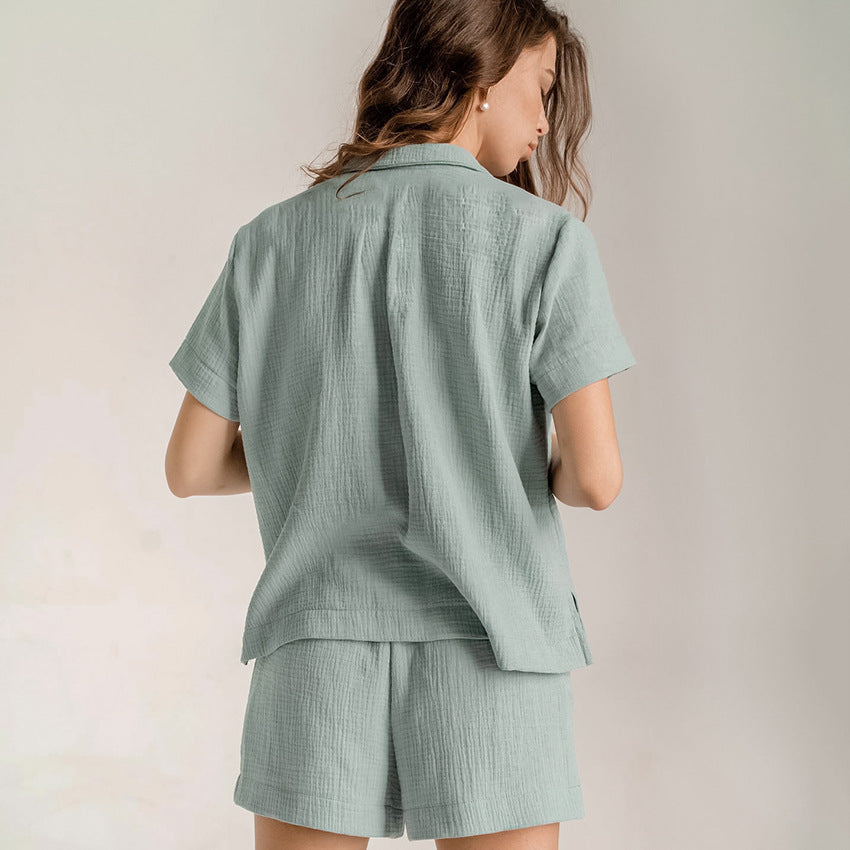 Women Summer Cotton Linen French Simplicity Sports Shirt Shorts Double Layer Gauze Pajamas Women Homewear - Wild Amber Fashion