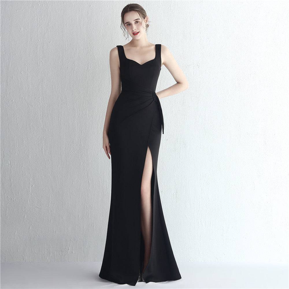 Sleek Satin Beaded Fishtail Dress for Formal Events and Special Occasions  S Black 