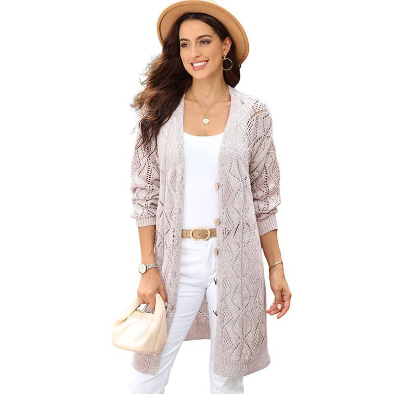 Elegant Solid Color Hollow Out Long Sleeve Cardigan for Women  S Khaki 