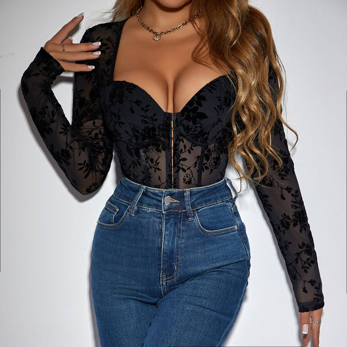 Floral Lace V-Neck Slim Fit Long Sleeve Jumpsuit for Women  XS Black 