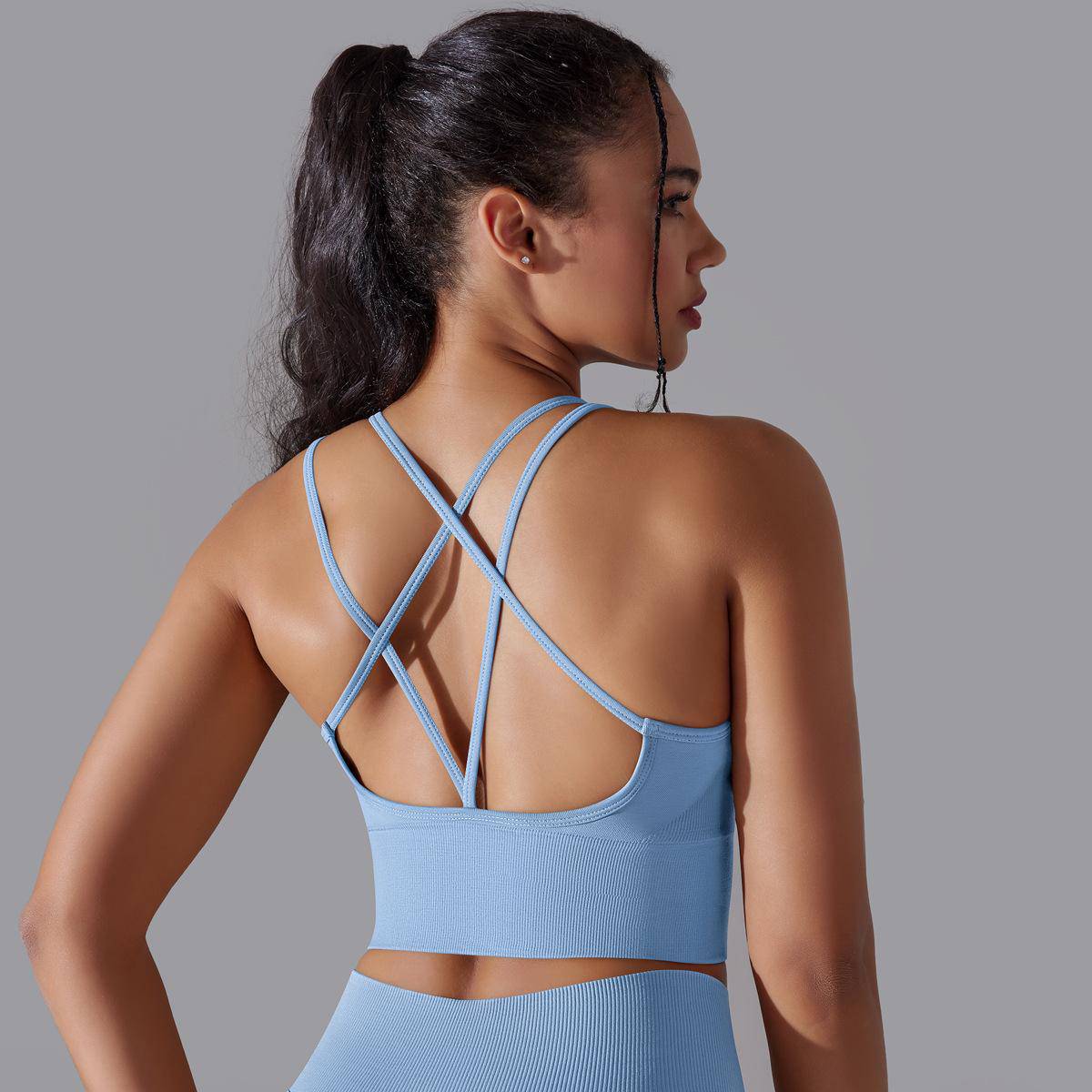 Solid Color Cross Beauty Back Exercise Bra with Shockproof Support  S Cross Bra-Sky Blue 