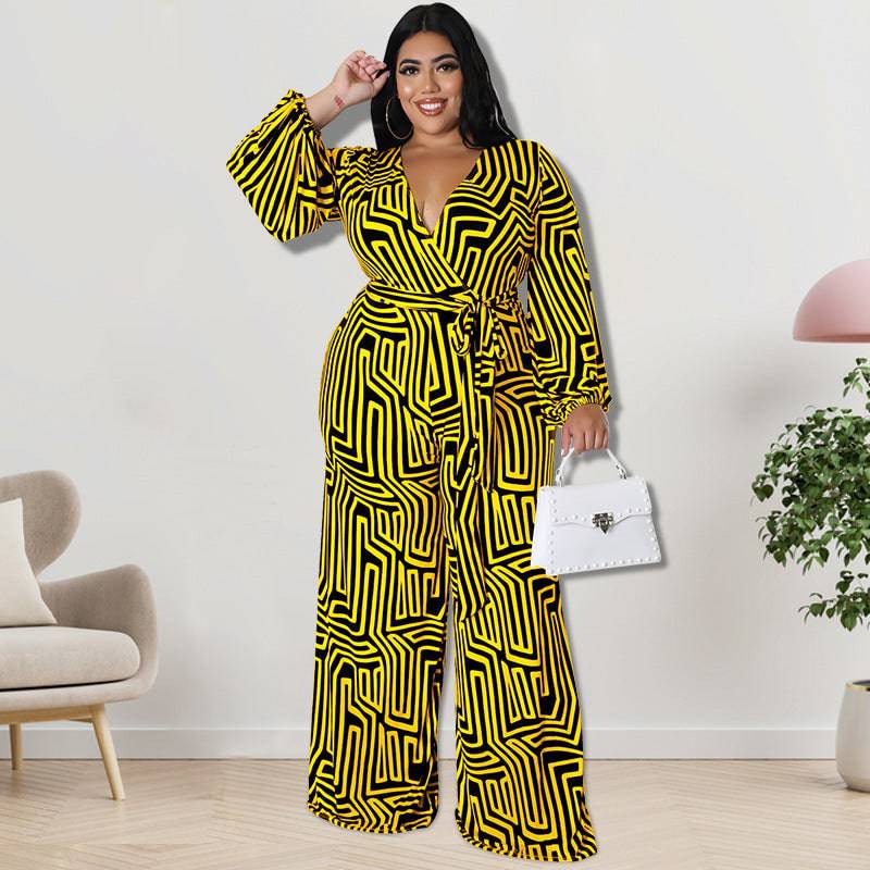 Plus Size Women Clothes Long Sleeve One Piece Straight Leg Pants - Wild Amber Fashion