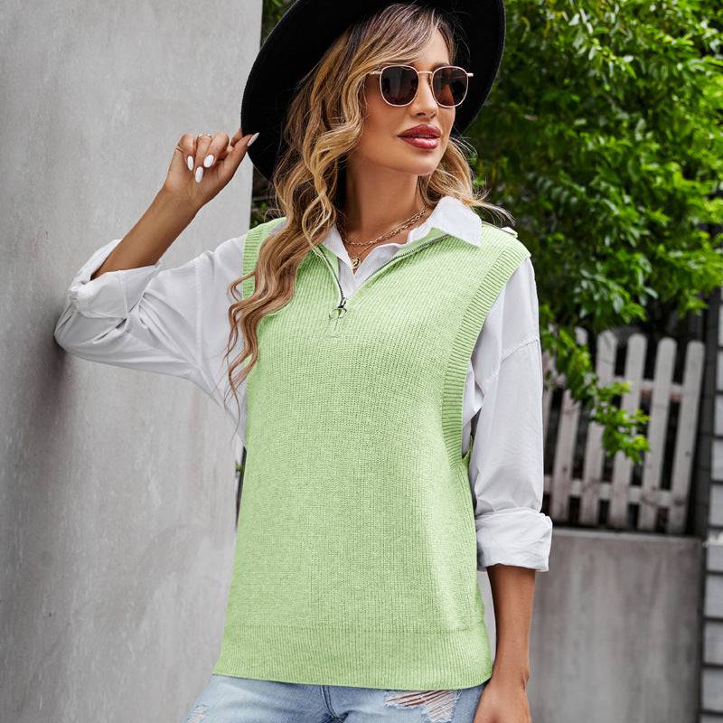 Versatile High-End Grey V-Neck Sweater Vest with Modern Zipper Detail for Fashion-Forward Women  S Green Sweater Vest 