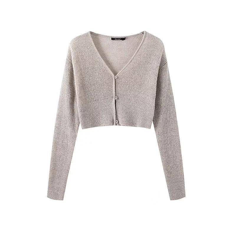 Slim Fit Cotton Knitted Single-Breasted Cardigan for Women  S Gray 