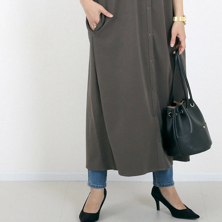 Autumn Winter Shirt Base Dress Women Solid Color Loose Casual V neck Maxi Dress - Wild Amber Fashion