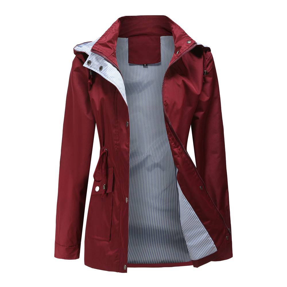 New Spring Autumn Detachable Hat Windbreaker Women Women Clothing Striped Inner Coat Plus Size Women  S Burgundy 