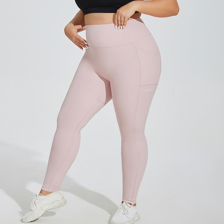 Letter Graphic High Waist Plus Size Yoga Pants with Pockets  1XL Peach Pink 