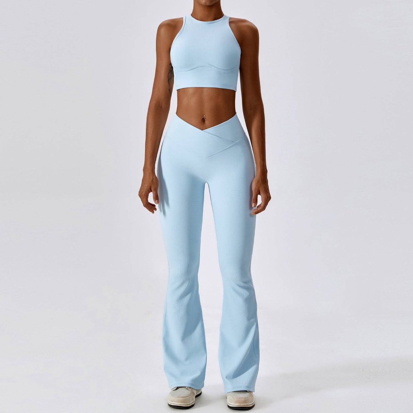 High-Rise Slim Fit Quick Drying Yoga Suit with Lace-Up Detail and Cutout Design  S -2 Bra Bell-Bottom Pants Sky Blue 