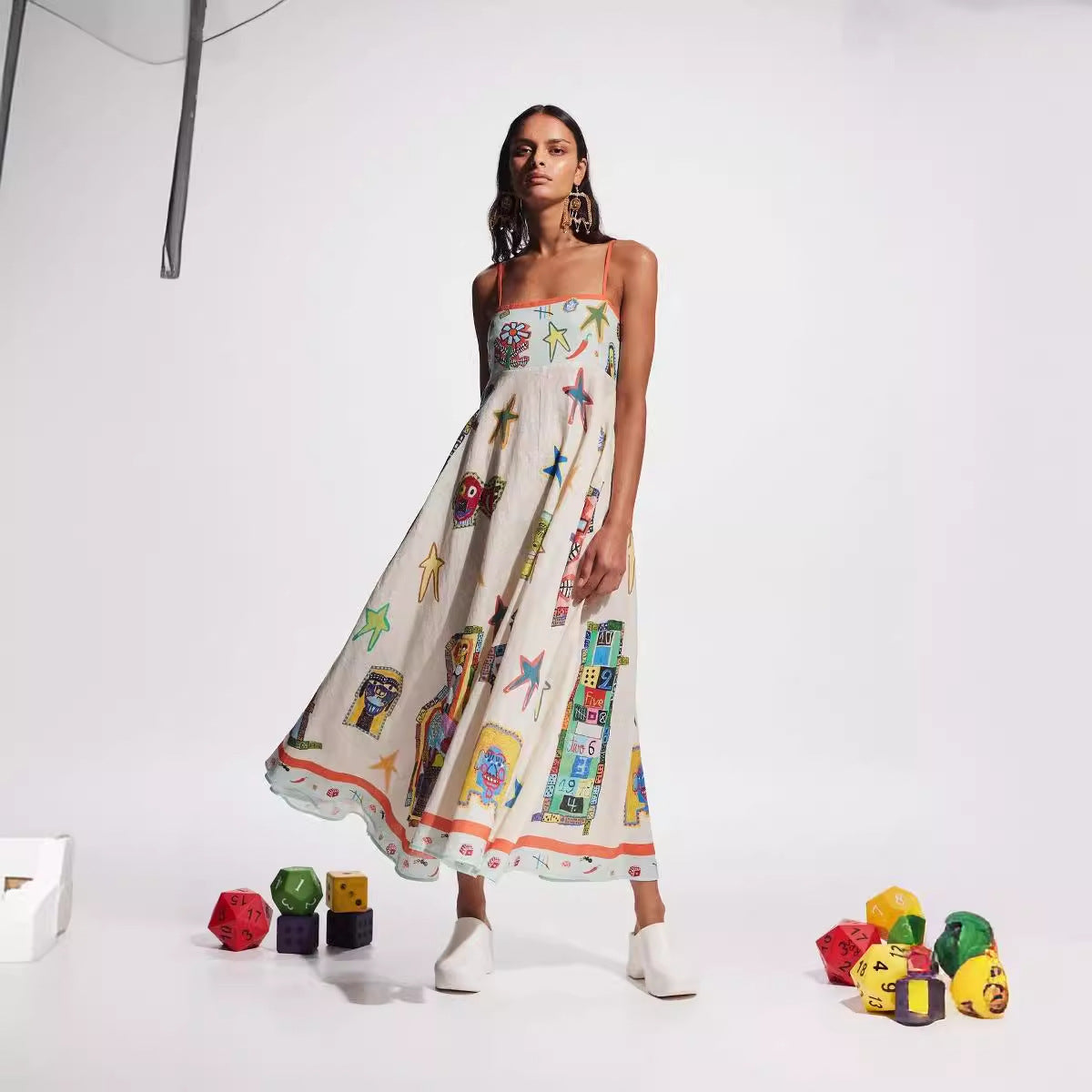 Sexy Graffiti Cotton Linen Printing Positioning Sling Swing Dress - Wild Amber Fashion