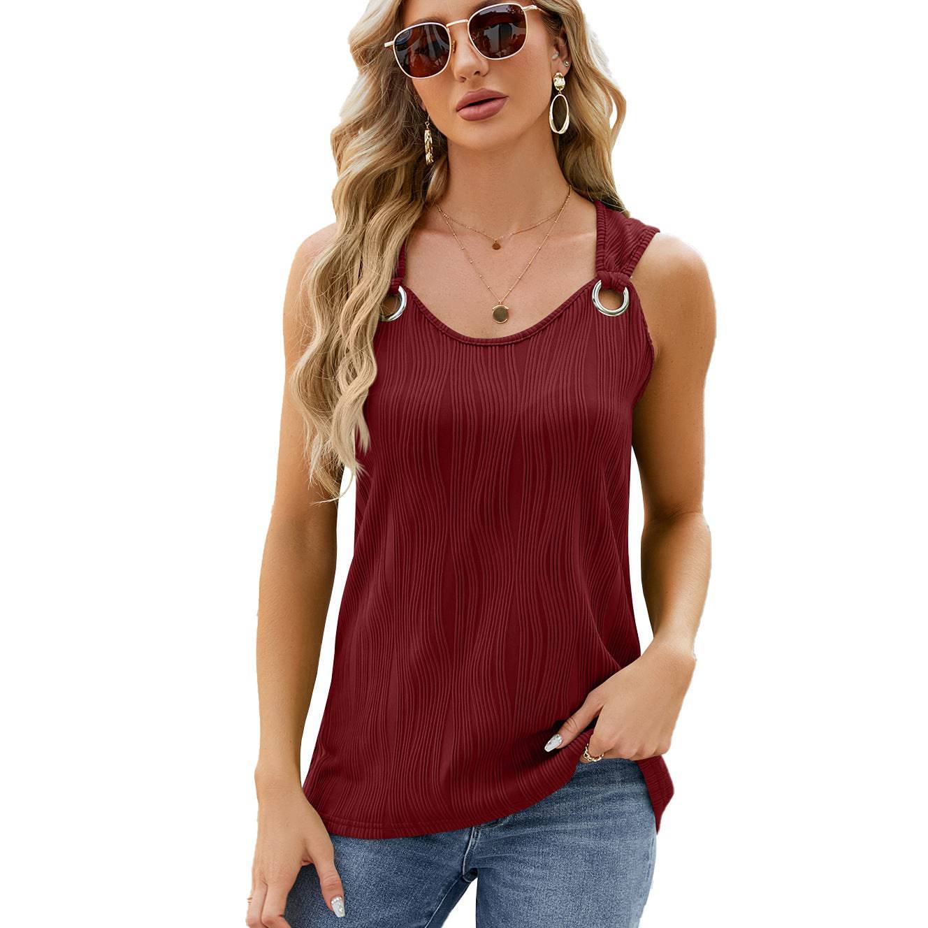 Sexy Crew Neck Sleeveless Loose Fit Metal Ring Tank Top  S Burgundy 