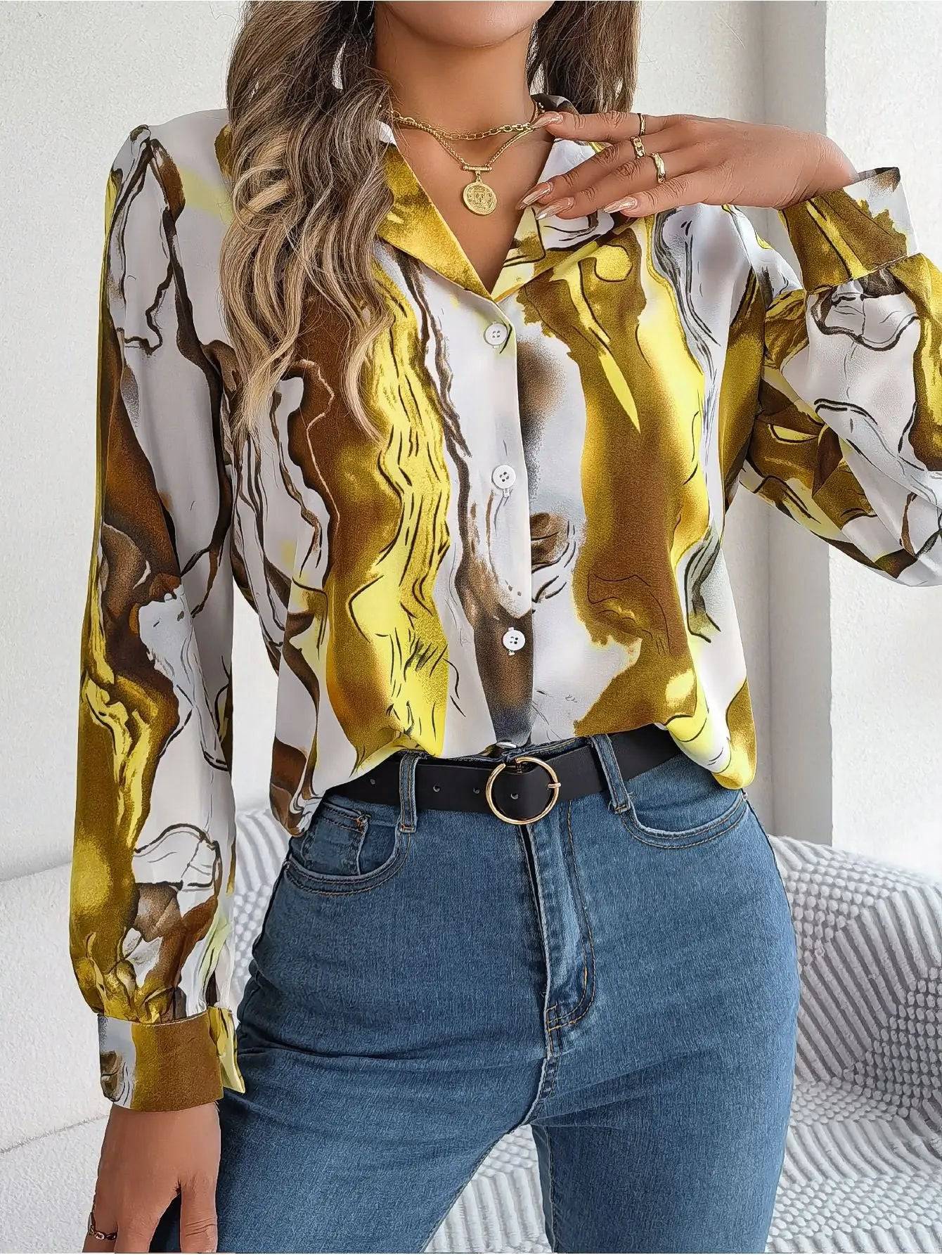 Casual Striped Collar Long Sleeve Shirt for Women  S Yellow 