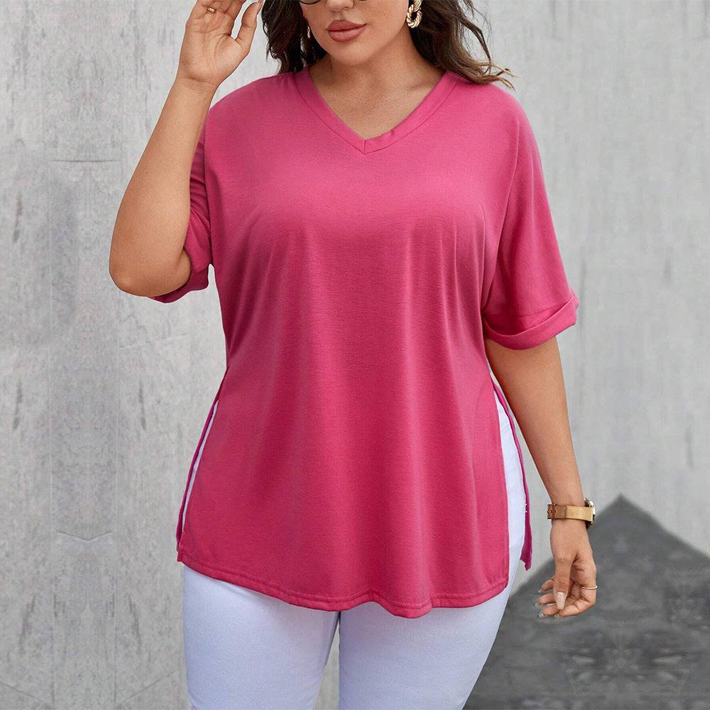 Flattering V-Neck Plus Size Women's Short Sleeve T-Shirt Top  1XL Coral Red 