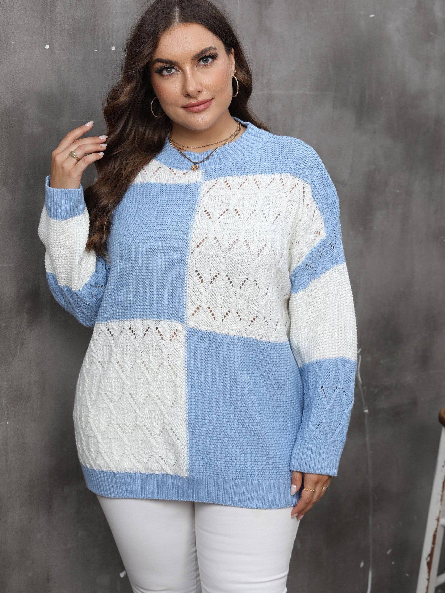 Plus Size Women Autumn Winter Ladies Top Pullover Shirt Color Contrast Patchwork Plaid Sweater - Wild Amber Fashion