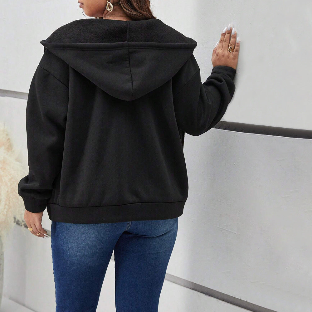 Plus Size Women Autumn Winter Loose Slimming Hooded Zip Cardigan Tops