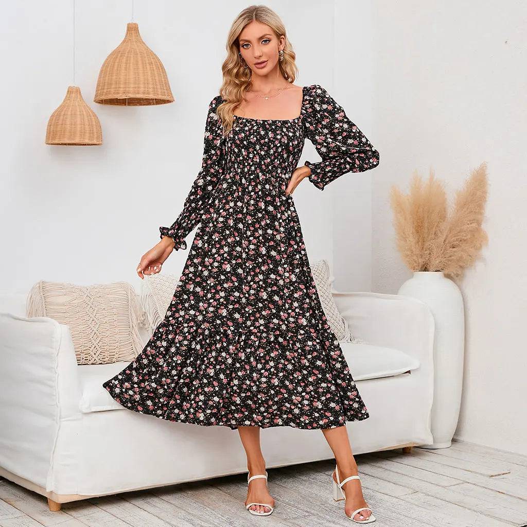 Elegant Spring Floral Chiffon Maxi Dress with Long Sleeves  S Black 