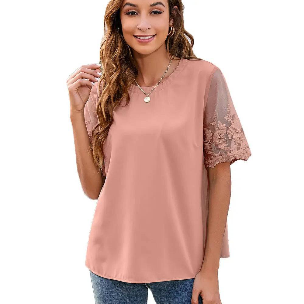 Elegant Women's Lace Chiffon Blouse  XL Pink 