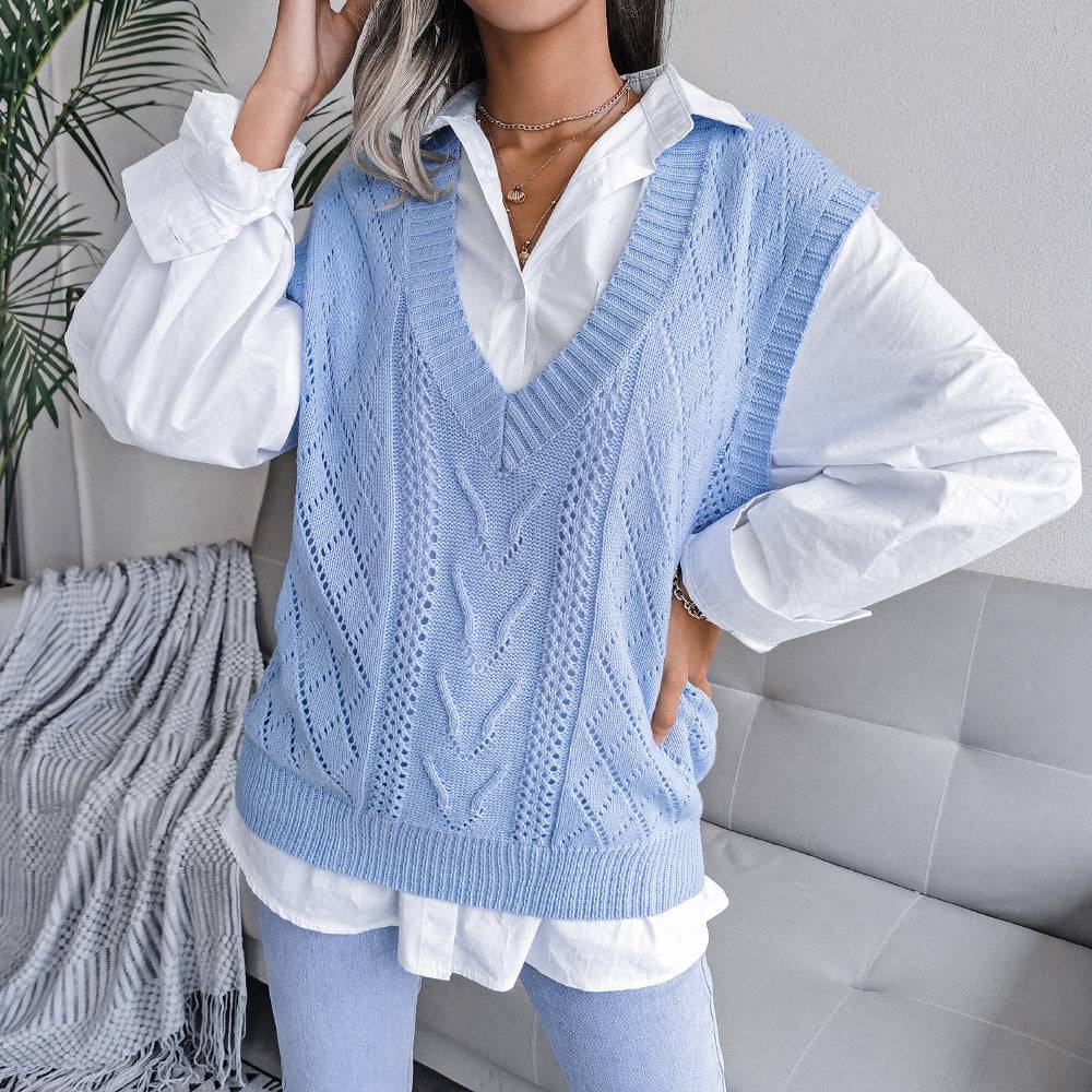 Twist V-Neck Knitted Vest Sweater for Women with Cutout Design  S Blue 