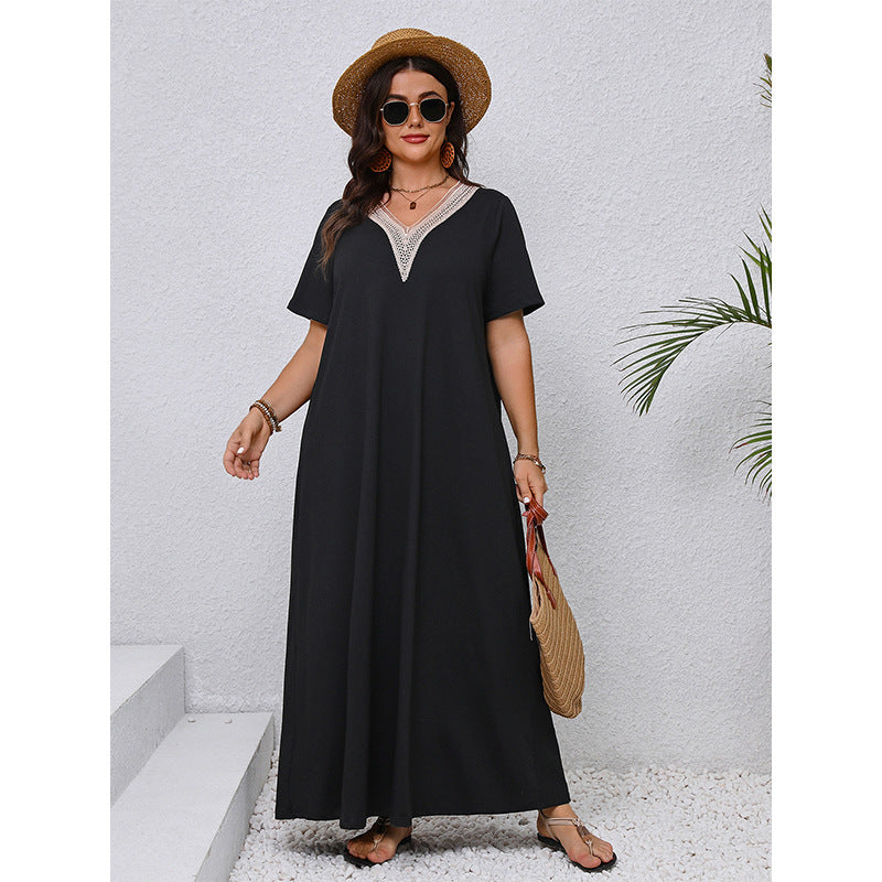 Plus Size Summer V neck Slimming Maxi Dress Elegant Black Loose Women Dress - Wild Amber Fashion