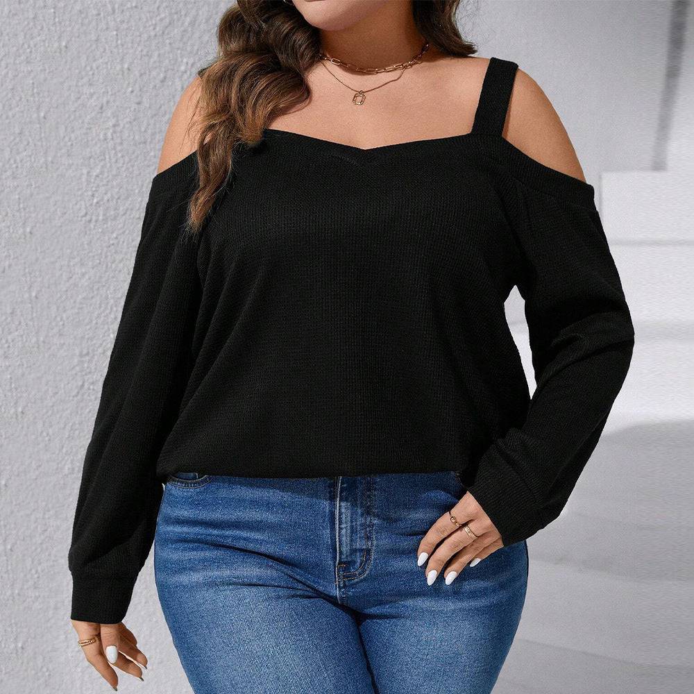 Flirty Off-Shoulder Waffle T-Shirt for Plus Size Women  1XL Black 