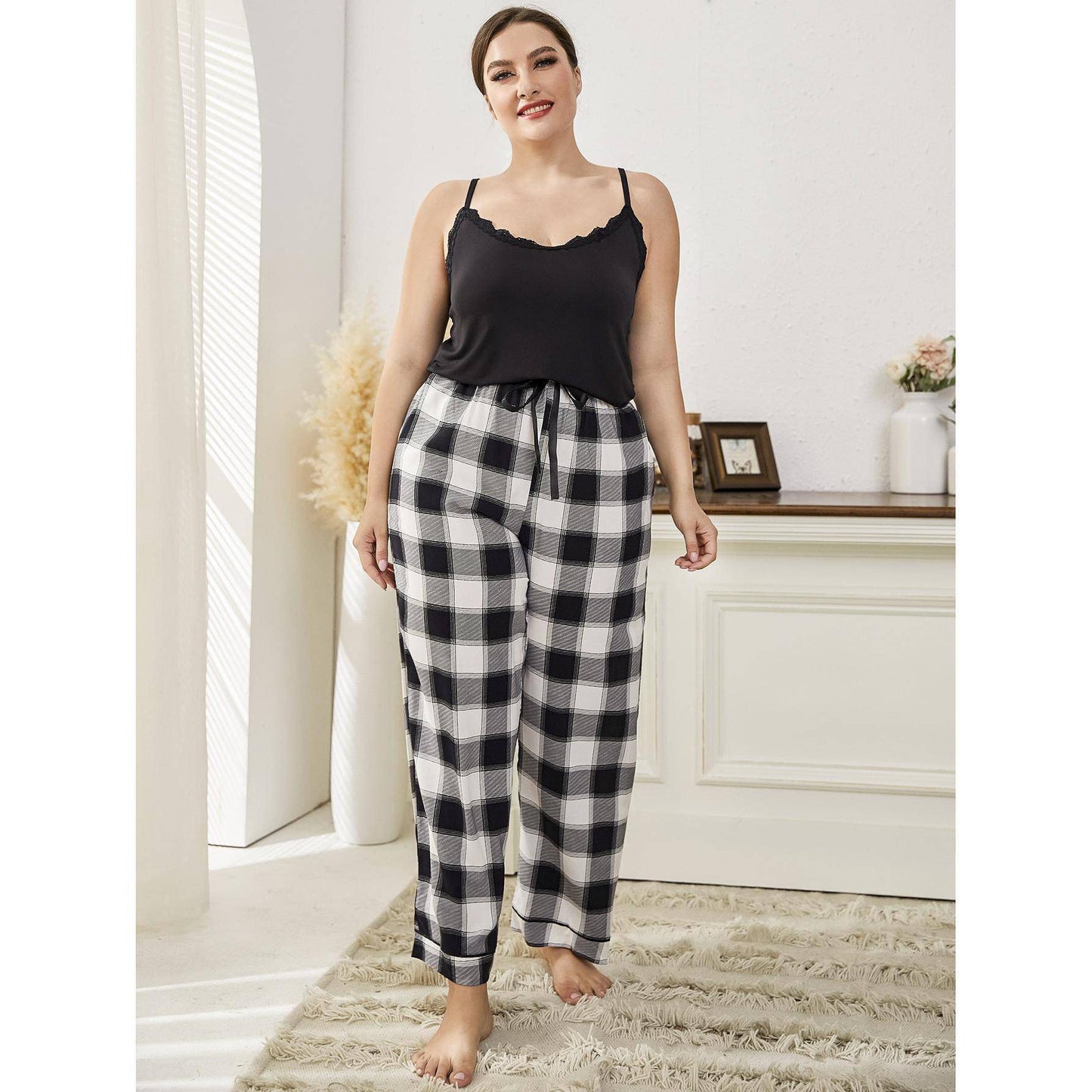 Plus Size Pajamas Plaid Lace Strap Ladies Home Casual Set - Wild Amber Fashion