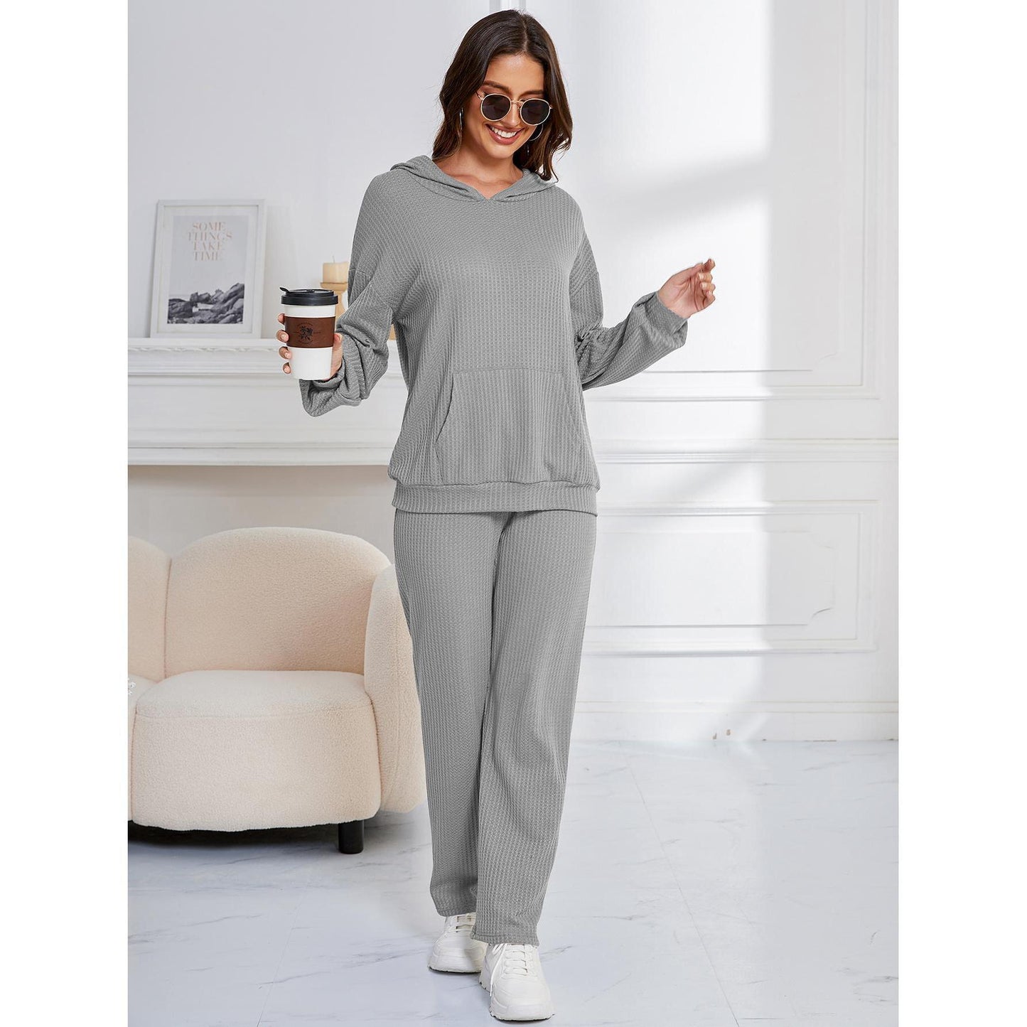 Hooded Casual Suit Women Pajamas Waffle Loose Long Sleeved Trousers Two Piece Home Wear - Wild Amber Fashion