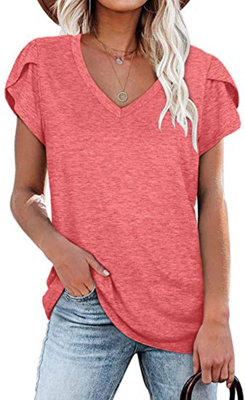 Women's Summer V-Neck Cotton T-Shirt  S Pink 