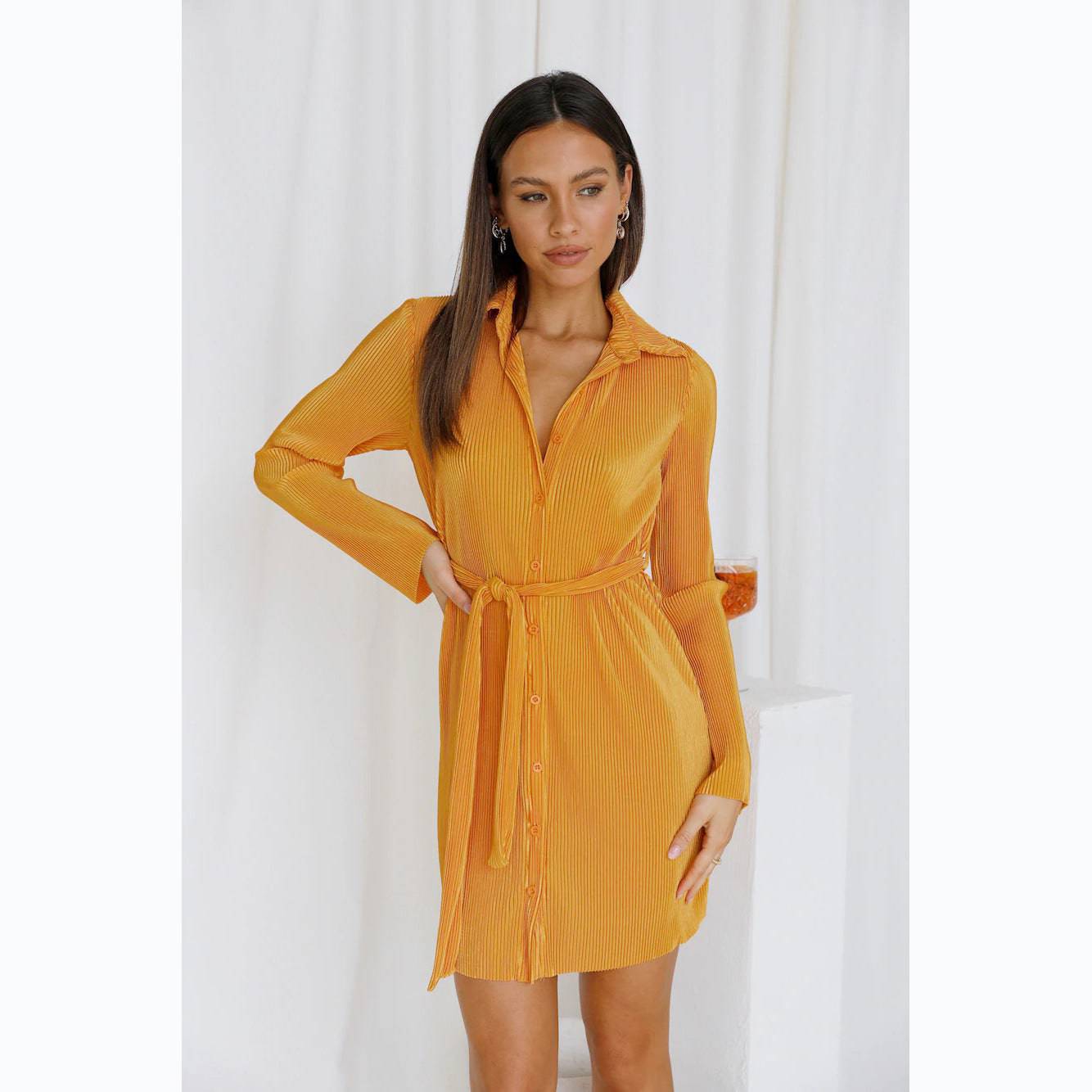 Spring and Summer Pleated Shirt Dress with Belted Waist  S Yellow 