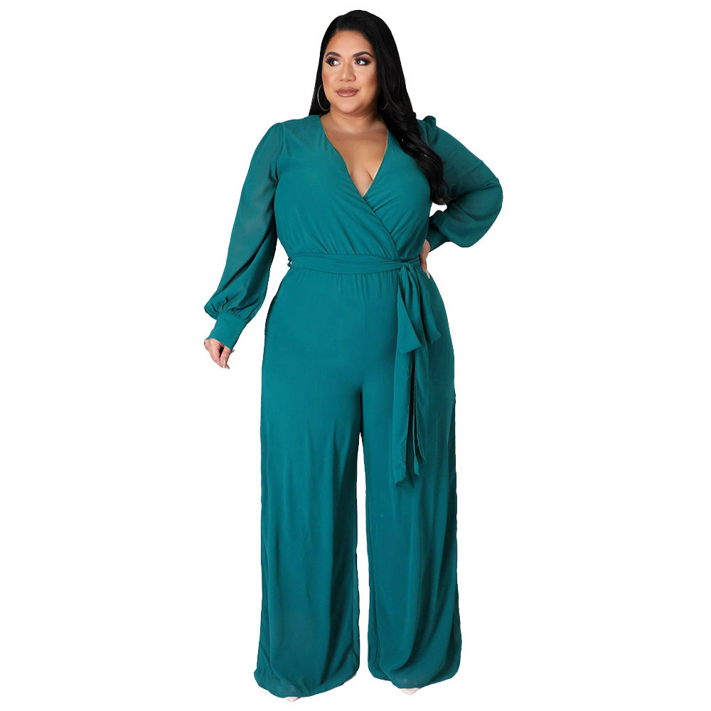 Plus Size Women Loose Straight Solid Color Belt Jumpsuit - Wild Amber Fashion