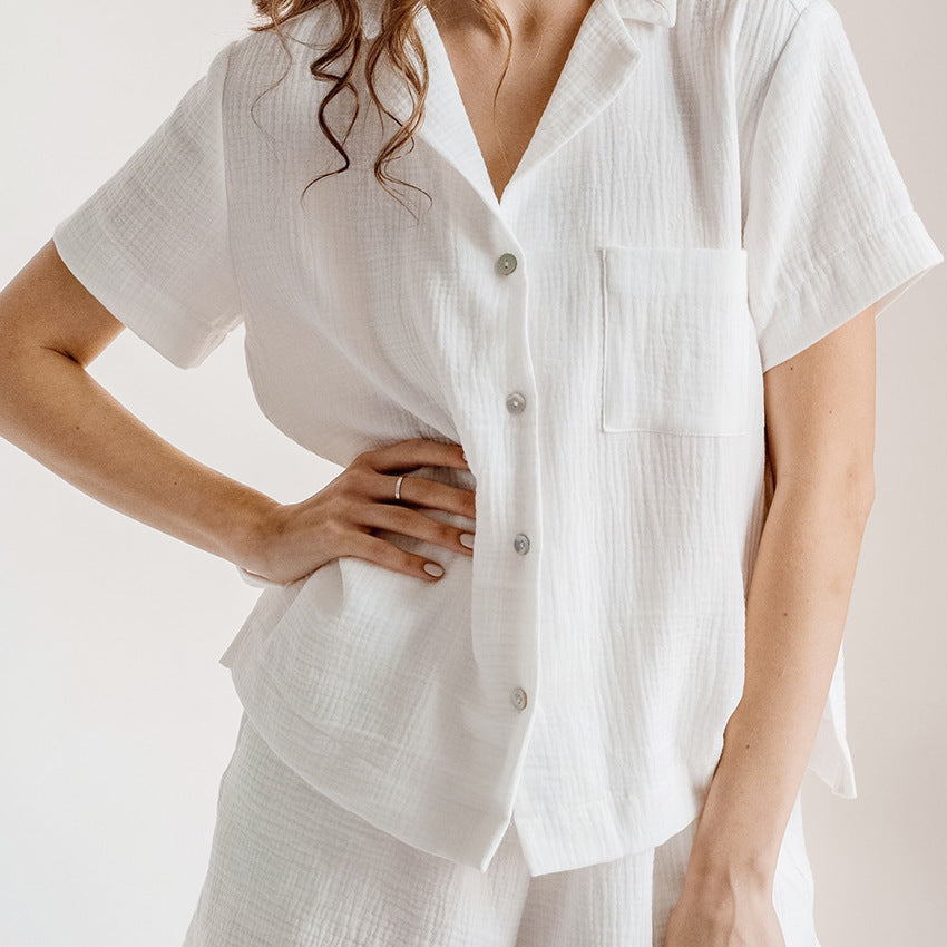 Women Summer Cotton Linen French Simplicity Sports Shirt Shorts Double Layer Gauze Pajamas Women Homewear - Wild Amber Fashion