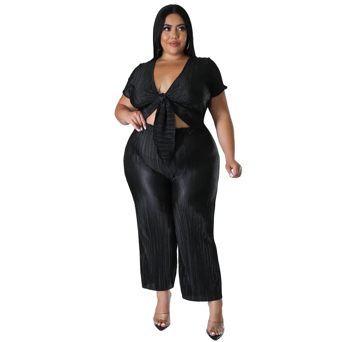 Pleated Wide Leg Pants and Tied Top Two-Piece Set for Plus Size Women  0XL Black 