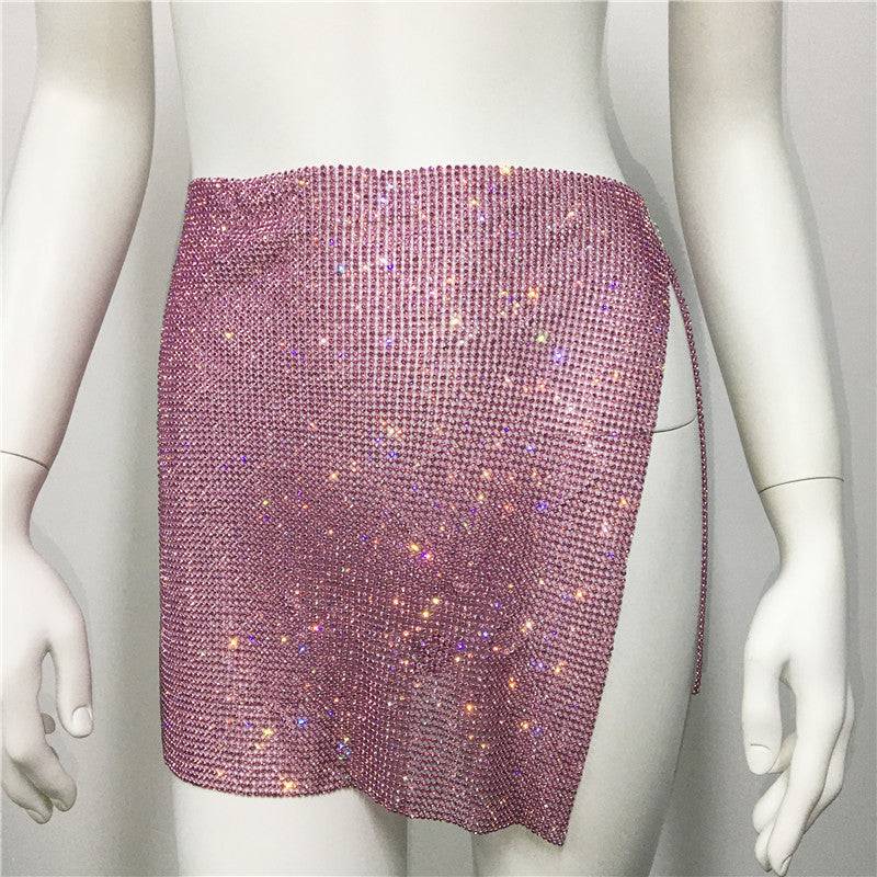 Rhinestone Embellished Hipster Slit Skirt  S Pink 