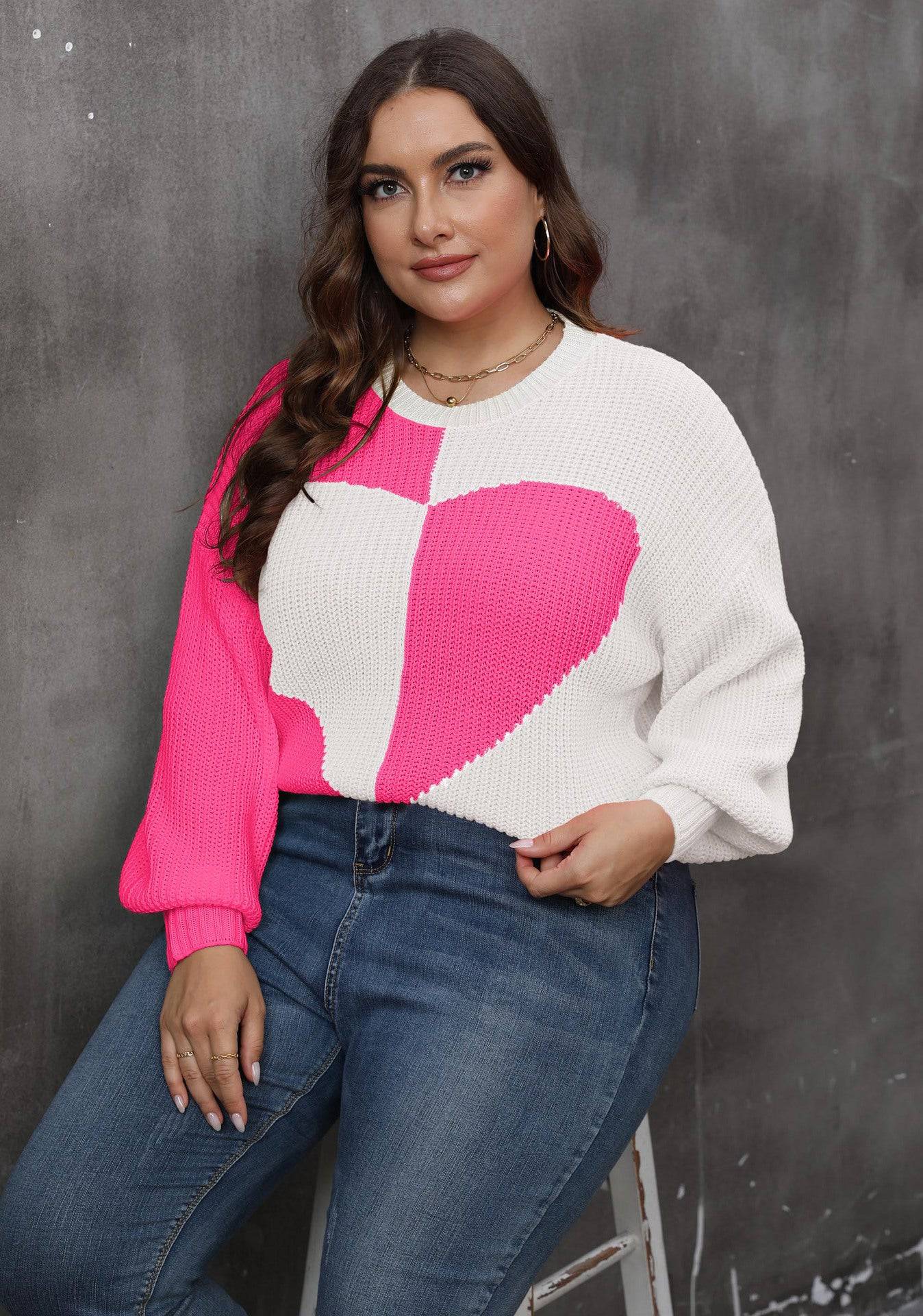 Plus Size Women Clothing Autumn Winter Ladies Top Pullover Woven Shirt Heart Shaped Multi Part Contrast Color Sweater - Wild Amber Fashion