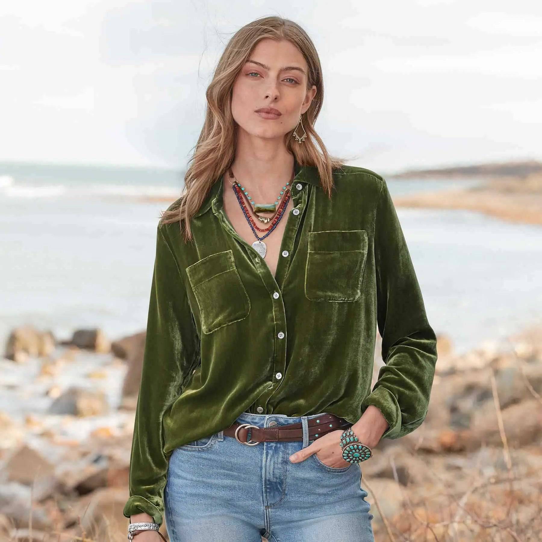 Velvet Long Sleeve Loose Fit Shirt for Women  S Army Green 