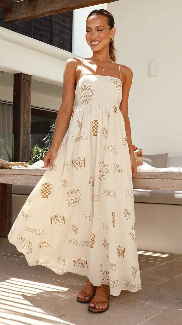 Elegant Summer Printed Maxi Dress with Square Neck Cutout Detail  S Coffee Color Printed Suspender Skirt 