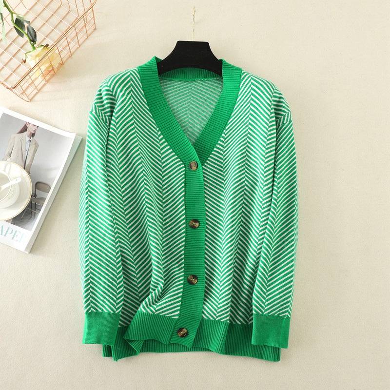 V-Neck Striped Sweater Jacket for Women  One Size Green 