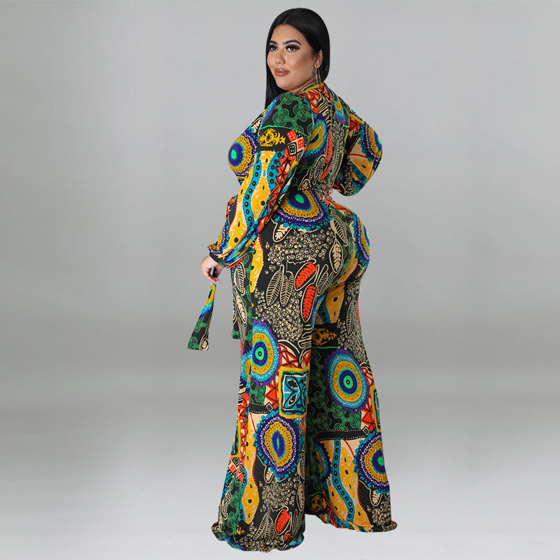 plus Size Women Clothes Autumn Printed Multi Color Long Sleeve Long Conjoined Trousers - Wild Amber Fashion