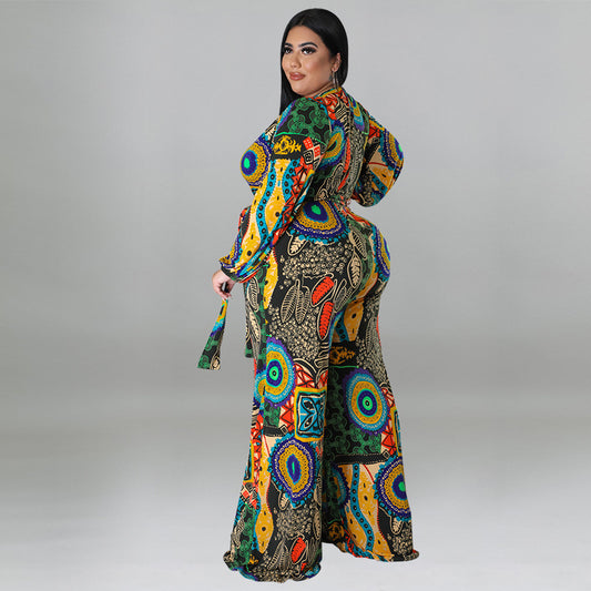 plus Size Women Clothes Autumn Printed Multi Color Long Sleeve Long Conjoined Trousers - Wild Amber Fashion