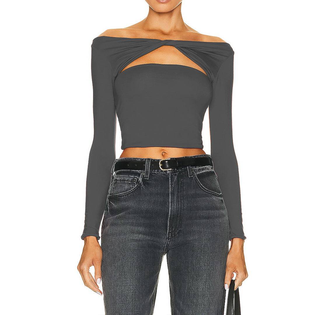 Stylish Off Shoulder Cutout Twist Top for Women - Spring/Fall Collection  XS Gray 