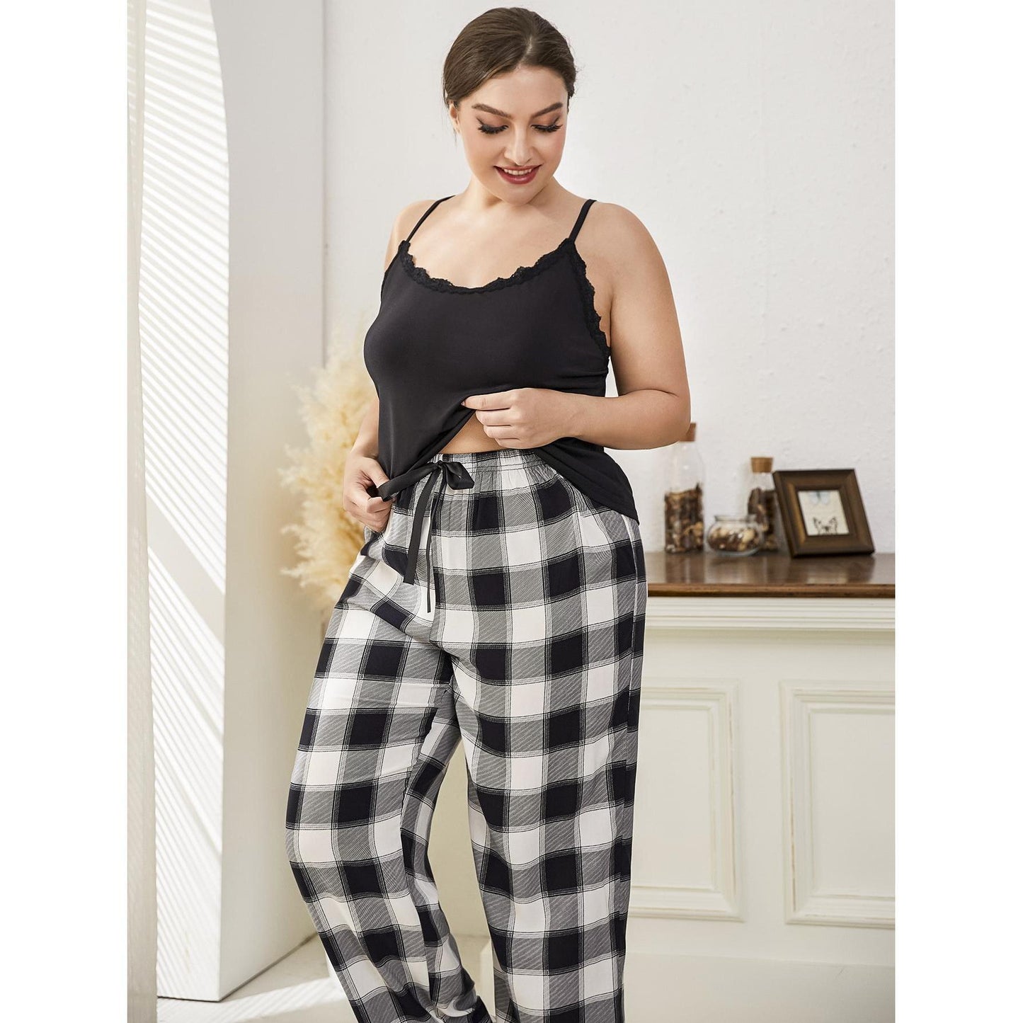 Plus Size Pajamas Plaid Lace Strap Ladies Home Casual Set - Wild Amber Fashion