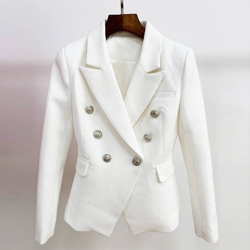 Women's Double Breasted Small Blazer with Silver Metal Lion Head Buckle  S White 